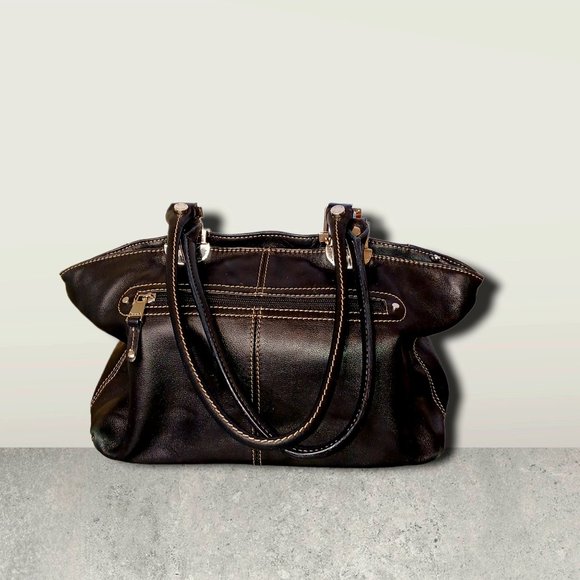TIGNANELLO • black Leather purse metallic snaps taupe trim soft spacious women's - Picture 1 of 11